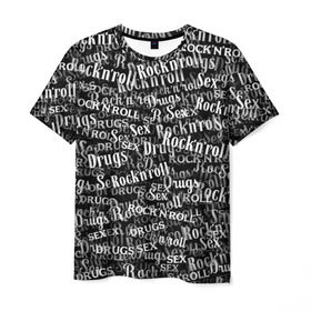 Мужская футболка 3D с принтом Sex, Drugs & Rock`n`Roll , 100% полиэфир | прямой крой, круглый вырез горловины, длина до линии бедер | jack daniel’s | белый | паттерн | рок | рок н ролл | рокнролл | текст | черный