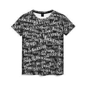 Женская футболка 3D с принтом Sex, Drugs & Rock`n`Roll , 100% полиэфир ( синтетическое хлопкоподобное полотно) | прямой крой, круглый вырез горловины, длина до линии бедер | jack daniel’s | белый | паттерн | рок | рок н ролл | рокнролл | текст | черный