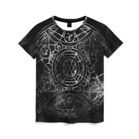 Женская футболка 3D с принтом Black Alchemy , 100% полиэфир ( синтетическое хлопкоподобное полотно) | прямой крой, круглый вырез горловины, длина до линии бедер | alchemy | art | black | circles | design | lines | metal dark | runes | алхимия | арт | блэк метал | линии | метал | руны | черный