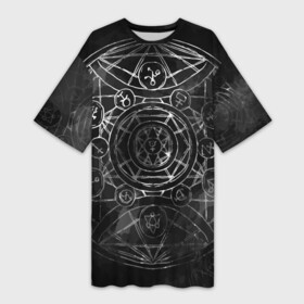 Платье-футболка 3D с принтом Black Alchemy ,  |  | Тематика изображения на принте: alchemy | art | black | circles | design | lines | metal dark | runes | алхимия | арт | блэк метал | линии | метал | руны | черный