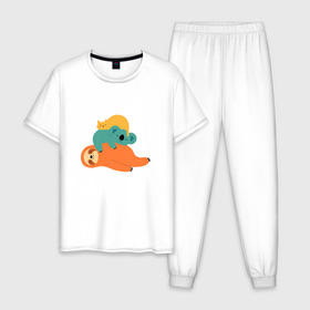Мужская пижама хлопок с принтом Лень , 100% хлопок | брюки и футболка прямого кроя, без карманов, на брюках мягкая резинка на поясе и по низу штанин
 | Тематика изображения на принте: животные | коала | кот | ленивец | отдых | сон
