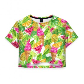 Женская футболка 3D укороченная с принтом Летнее настроение , 100% полиэстер | круглая горловина, длина футболки до линии талии, рукава с отворотами | summer | зелень | листья | море | пляж | тропики | фруткты | цветы