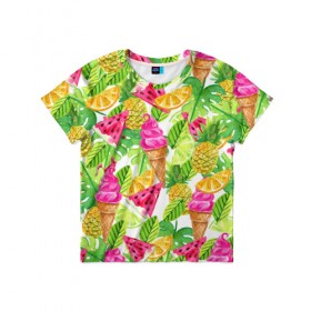 Детская футболка 3D с принтом Летнее настроение , 100% гипоаллергенный полиэфир | прямой крой, круглый вырез горловины, длина до линии бедер, чуть спущенное плечо, ткань немного тянется | summer | зелень | листья | море | пляж | тропики | фруткты | цветы