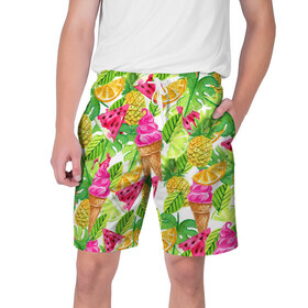 Мужские шорты 3D с принтом Летнее настроение ,  полиэстер 100% | прямой крой, два кармана без застежек по бокам. Мягкая трикотажная резинка на поясе, внутри которой широкие завязки. Длина чуть выше колен | summer | зелень | листья | море | пляж | тропики | фруткты | цветы