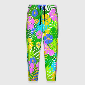 Мужские брюки 3D с принтом Летнее настроение , 100% полиэстер | манжеты по низу, эластичный пояс регулируется шнурком, по бокам два кармана без застежек, внутренняя часть кармана из мелкой сетки | гавайи | зелень | лето | листья | тропики | цветы