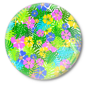 Значок с принтом Летнее настроение ,  металл | круглая форма, металлическая застежка в виде булавки | Тематика изображения на принте: гавайи | зелень | лето | листья | тропики | цветы