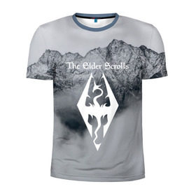 Мужская футболка 3D спортивная с принтом TES V SKYRIM , 100% полиэстер с улучшенными характеристиками | приталенный силуэт, круглая горловина, широкие плечи, сужается к линии бедра | dragon | mountain | skyrim | tes | tes 5 | the elder scrolls | горы | дракон | логотип | эмблема