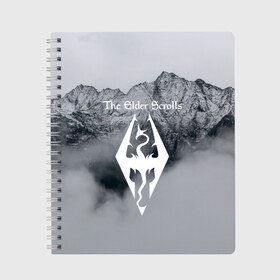 Тетрадь с принтом TES V SKYRIM , 100% бумага | 48 листов, плотность листов — 60 г/м2, плотность картонной обложки — 250 г/м2. Листы скреплены сбоку удобной пружинной спиралью. Уголки страниц и обложки скругленные. Цвет линий — светло-серый
 | dragon | mountain | skyrim | tes | tes 5 | the elder scrolls | горы | дракон | логотип | эмблема