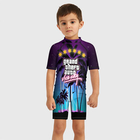 Детский купальный костюм 3D с принтом GTA Vice City , Полиэстер 85%, Спандекс 15% | застежка на молнии на спине | 5 звезд | auto | grand | gta | theft | vice city |   лето | вай сити | вертолеты | гта | звезды | логотип | надпись | пальмы | пляжная | рисунок | розыск | рубашка | томми версетти