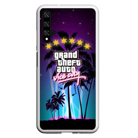 Чехол для Honor 20 с принтом GTA Vice City , Силикон | Область печати: задняя сторона чехла, без боковых панелей | Тематика изображения на принте: 5 звезд | auto | grand | gta | theft | vice city |   лето | вай сити | вертолеты | гта | звезды | логотип | надпись | пальмы | пляжная | рисунок | розыск | рубашка | томми версетти