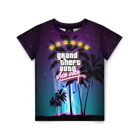 Детская футболка 3D с принтом GTA Vice City , 100% гипоаллергенный полиэфир | прямой крой, круглый вырез горловины, длина до линии бедер, чуть спущенное плечо, ткань немного тянется | 5 звезд | auto | grand | gta | theft | vice city |   лето | вай сити | вертолеты | гта | звезды | логотип | надпись | пальмы | пляжная | рисунок | розыск | рубашка | томми версетти