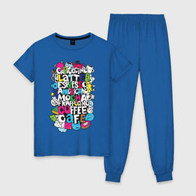 Женская пижама хлопок с принтом Виды кофе , 100% хлопок | брюки и футболка прямого кроя, без карманов, на брюках мягкая резинка на поясе и по низу штанин | кофе | список