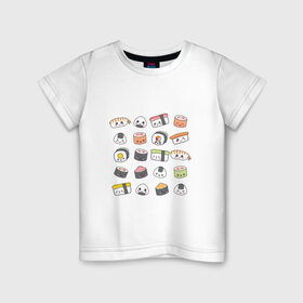 Детская футболка хлопок с принтом Sushi , 100% хлопок | круглый вырез горловины, полуприлегающий силуэт, длина до линии бедер | Тематика изображения на принте: anime | fastfood | food | japan | roll | sushi | susi | аниме | роллы | суши | фастфуд | япония