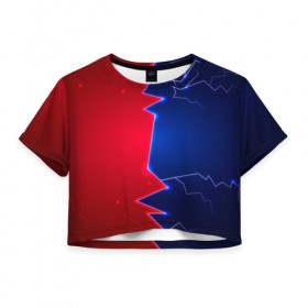 Женская футболка 3D укороченная с принтом Battle color , 100% полиэстер | круглая горловина, длина футболки до линии талии, рукава с отворотами | blue | lightning | lines | red | красный | линии | молния | половины | противостояние | синий
