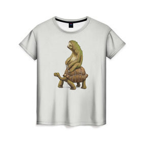 Женская футболка 3D с принтом Ленивец и Черепаха , 100% полиэфир ( синтетическое хлопкоподобное полотно) | прямой крой, круглый вырез горловины, длина до линии бедер | быстрый | медленный | понедельник | работа | юмор