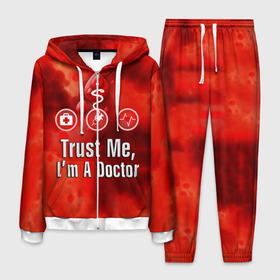 Мужской костюм 3D с принтом Доктор , 100% полиэстер | Манжеты и пояс оформлены тканевой резинкой, двухслойный капюшон со шнурком для регулировки, карманы спереди | Тематика изображения на принте: верь мне | врач | кровь | пятна | я доктор