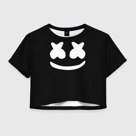 Женская футболка 3D укороченная с принтом Marshmello black , 100% полиэстер | круглая горловина, длина футболки до линии талии, рукава с отворотами | Тематика изображения на принте: dj | dj marshmello | marshmello | клуб | клубная музыка | музыка