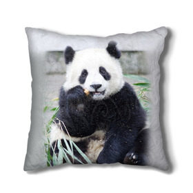 Подушка 3D с принтом Большая панда , наволочка – 100% полиэстер, наполнитель – холлофайбер (легкий наполнитель, не вызывает аллергию). | состоит из подушки и наволочки. Наволочка на молнии, легко снимается для стирки | бамбук | белый | джунгли | дикое | животное | китай | лес | медведь | черный