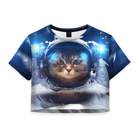 Женская футболка Cropp-top с принтом КОТ АСТРОНАВТ , 100% полиэстер | круглая горловина, длина футболки до линии талии, рукава с отворотами | Тематика изображения на принте: astronaut | cat | space | животные | космос | кот | кот астронавт