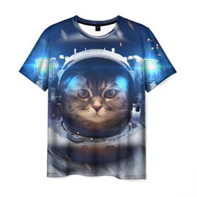 Мужская футболка 3D с принтом КОТ АСТРОНАВТ , 100% полиэфир | прямой крой, круглый вырез горловины, длина до линии бедер | Тематика изображения на принте: astronaut | cat | space | животные | космос | кот | кот астронавт