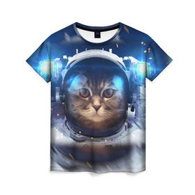 Женская футболка 3D с принтом КОТ АСТРОНАВТ , 100% полиэфир ( синтетическое хлопкоподобное полотно) | прямой крой, круглый вырез горловины, длина до линии бедер | Тематика изображения на принте: astronaut | cat | space | животные | космос | кот | кот астронавт