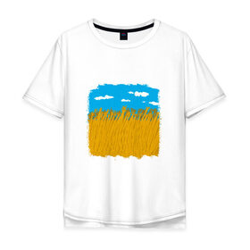 Мужская футболка хлопок Oversize с принтом Украина в колосьях , 100% хлопок | свободный крой, круглый ворот, “спинка” длиннее передней части | Тематика изображения на принте: жёлтый | колосья | небо | облака | пиксельный | поле | синий