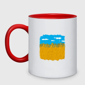 Кружка двухцветная с принтом Украина в колосьях , керамика | объем — 330 мл, диаметр — 80 мм. Цветная ручка и кайма сверху, в некоторых цветах — вся внутренняя часть | жёлтый | колосья | небо | облака | пиксельный | поле | синий
