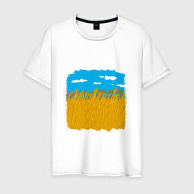 Мужская футболка хлопок с принтом Украина в колосьях , 100% хлопок | прямой крой, круглый вырез горловины, длина до линии бедер, слегка спущенное плечо. | жёлтый | колосья | небо | облака | пиксельный | поле | синий