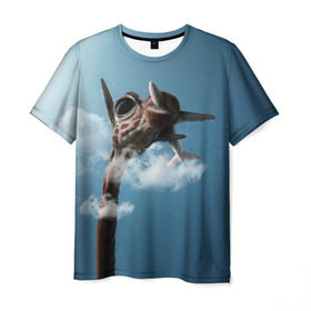 Мужская футболка 3D с принтом Жираф и самолет , 100% полиэфир | прямой крой, круглый вырез горловины, длина до линии бедер | животные | жираф | небо | облака | природа | самолет | солнце | юмор