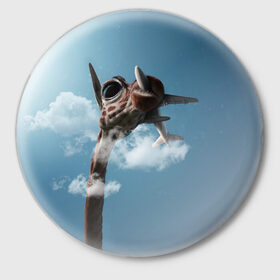 Значок с принтом Жираф и самолет ,  металл | круглая форма, металлическая застежка в виде булавки | животные | жираф | небо | облака | природа | самолет | солнце | юмор