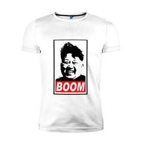 Мужская футболка премиум с принтом BOOM КИМ ЧЕН ЫН , 92% хлопок, 8% лайкра | приталенный силуэт, круглый вырез ворота, длина до линии бедра, короткий рукав | boom | kim chen eun | mems | ким чен ын | кнр | мемы | северная корея | ядерные ракеты