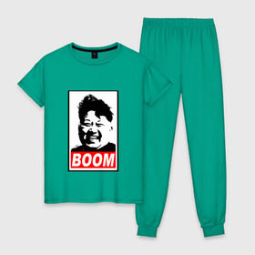 Женская пижама хлопок с принтом BOOM КИМ ЧЕН ЫН , 100% хлопок | брюки и футболка прямого кроя, без карманов, на брюках мягкая резинка на поясе и по низу штанин | boom | kim chen eun | mems | ким чен ын | кнр | мемы | северная корея | ядерные ракеты
