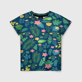 Детская футболка 3D с принтом Тропики , 100% гипоаллергенный полиэфир | прямой крой, круглый вырез горловины, длина до линии бедер, чуть спущенное плечо, ткань немного тянется | jungle | деревья | джунгли | зелень | кусты | лес | мох | океан | пальмы | пляж | тропики | экзотика