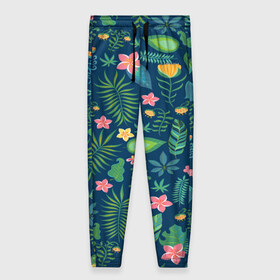 Женские брюки 3D с принтом Тропики , полиэстер 100% | прямой крой, два кармана без застежек по бокам, с мягкой трикотажной резинкой на поясе и по низу штанин. В поясе для дополнительного комфорта — широкие завязки | Тематика изображения на принте: jungle | деревья | джунгли | зелень | кусты | лес | мох | океан | пальмы | пляж | тропики | экзотика