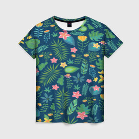Женская футболка 3D с принтом Тропики , 100% полиэфир ( синтетическое хлопкоподобное полотно) | прямой крой, круглый вырез горловины, длина до линии бедер | jungle | деревья | джунгли | зелень | кусты | лес | мох | океан | пальмы | пляж | тропики | экзотика