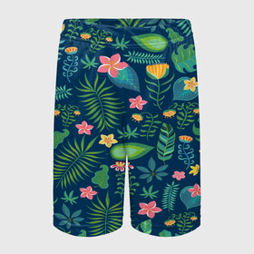 Детские спортивные шорты 3D с принтом Тропики ,  100% полиэстер
 | пояс оформлен широкой мягкой резинкой, ткань тянется
 | Тематика изображения на принте: jungle | деревья | джунгли | зелень | кусты | лес | мох | океан | пальмы | пляж | тропики | экзотика