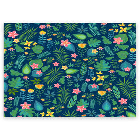Поздравительная открытка с принтом Тропики , 100% бумага | плотность бумаги 280 г/м2, матовая, на обратной стороне линовка и место для марки
 | jungle | деревья | джунгли | зелень | кусты | лес | мох | океан | пальмы | пляж | тропики | экзотика