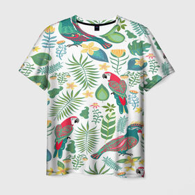 Мужская футболка 3D с принтом Попугаи , 100% полиэфир | прямой крой, круглый вырез горловины, длина до линии бедер | jungle | деревья | джунгли | зелень | кусты | лес | мох | океан | пальмы | пляж | тропики | экзотика