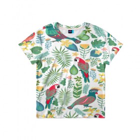 Детская футболка 3D с принтом Попугаи , 100% гипоаллергенный полиэфир | прямой крой, круглый вырез горловины, длина до линии бедер, чуть спущенное плечо, ткань немного тянется | jungle | деревья | джунгли | зелень | кусты | лес | мох | океан | пальмы | пляж | тропики | экзотика