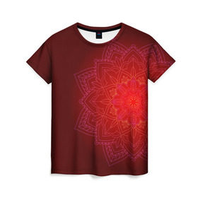 Женская футболка 3D с принтом Красная мандала , 100% полиэфир ( синтетическое хлопкоподобное полотно) | прямой крой, круглый вырез горловины, длина до линии бедер | символ | узор | цветок