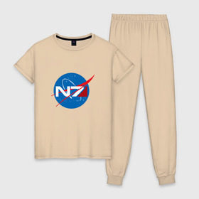 Женская пижама хлопок с принтом NASA N7 MASS EFFECT , 100% хлопок | брюки и футболка прямого кроя, без карманов, на брюках мягкая резинка на поясе и по низу штанин | logo | n7 | nasa | space | логотип | масс эффект | н7 | наса