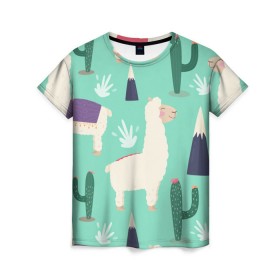 Женская футболка 3D с принтом Альпаки , 100% полиэфир ( синтетическое хлопкоподобное полотно) | прямой крой, круглый вырез горловины, длина до линии бедер | зеленый | лама | паттерн