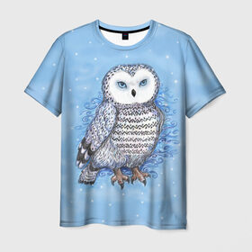 Мужская футболка 3D с принтом Полярная сова , 100% полиэфир | прямой крой, круглый вырез горловины, длина до линии бедер | Тематика изображения на принте: зима | ночной охотник | синий | снег