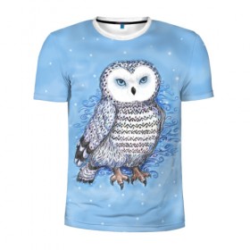 Мужская футболка 3D спортивная с принтом Полярная сова , 100% полиэстер с улучшенными характеристиками | приталенный силуэт, круглая горловина, широкие плечи, сужается к линии бедра | зима | ночной охотник | синий | снег