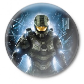 Значок с принтом Halo ,  металл | круглая форма, металлическая застежка в виде булавки | halo | wars | космос | крепость | мир | ореол | оружие | реквием | стратегия | супер | фантастика