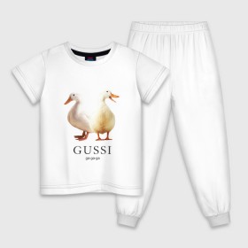 Детская пижама хлопок с принтом Gussi , 100% хлопок |  брюки и футболка прямого кроя, без карманов, на брюках мягкая резинка на поясе и по низу штанин
 | Тематика изображения на принте: gucci | gussi | гусь | гучи | гуччи