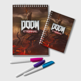 Блокнот с принтом DOOM Eternal , 100% бумага | 48 листов, плотность листов — 60 г/м2, плотность картонной обложки — 250 г/м2. Листы скреплены удобной пружинной спиралью. Цвет линий — светло-серый
 | Тематика изображения на принте: doom | doomguy | slayer | вечный | дум | думгай | палач рока