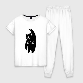 Женская пижама хлопок с принтом BAD BEAR 666 ROCK , 100% хлопок | брюки и футболка прямого кроя, без карманов, на брюках мягкая резинка на поясе и по низу штанин | 666 | bear | devil | satan | медведь | сатана