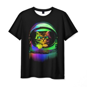 Мужская футболка 3D с принтом Котик в Космосе , 100% полиэфир | прямой крой, круглый вырез горловины, длина до линии бедер | cat | cats | cute | kitty | rainbow | space | spaceman | космонавт | космос | кот | котенок | коты | кошка | кошки | очки | радуга | скафандр | шлем