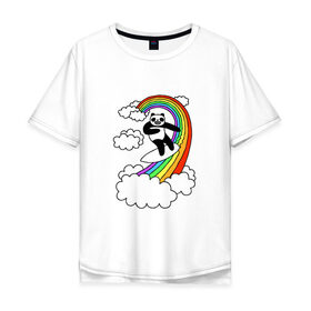 Мужская футболка хлопок Oversize с принтом ПАНДА НА РАДУГЕ , 100% хлопок | свободный крой, круглый ворот, “спинка” длиннее передней части | cloud | mem | panda | rainbow | serfing | мем | облака | панда | радуга | серфинг | юмор